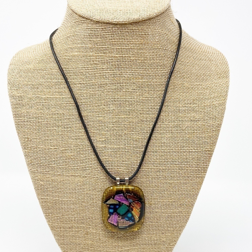 Amber & Metallic Murano Glass Pendant on Leather